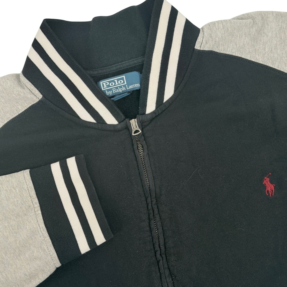 Vintage Polo Ralph Lauren Varsity Jacket Men 3XLT Black Grey Full Zip Sweatshirt